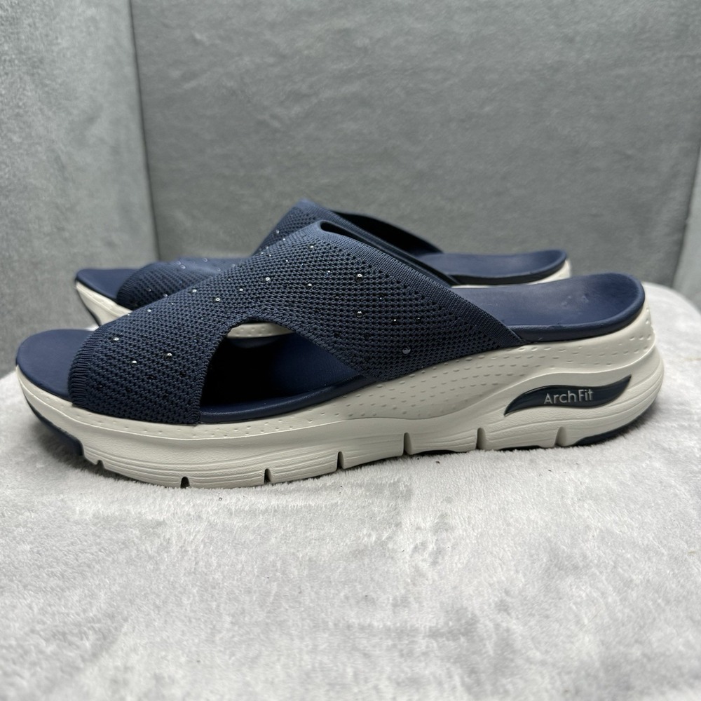 Skechers Arch Fit Womens 9 Navy Rhinestone Knit Slide Comfort Sandals 119449